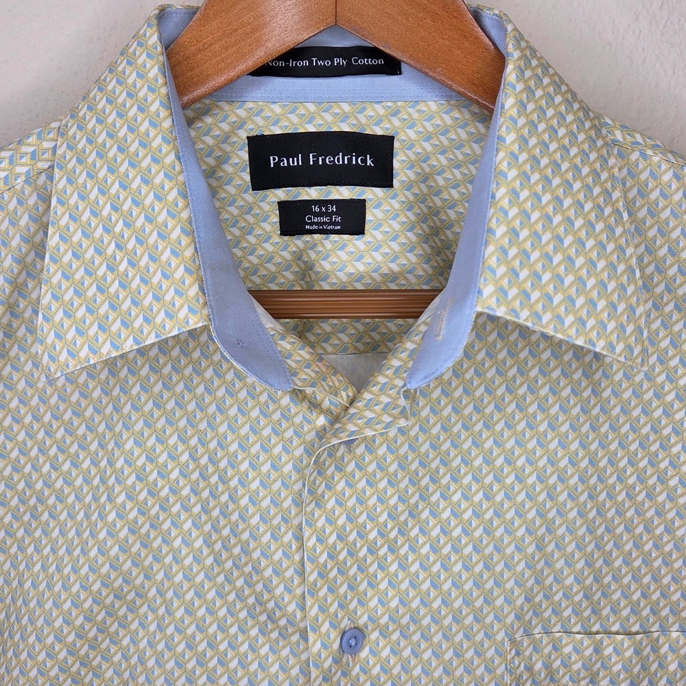 Paul Fredrick Mens 16x34 Classic Fit Non-Iron Geometric Dress Shirt Yellow Blue